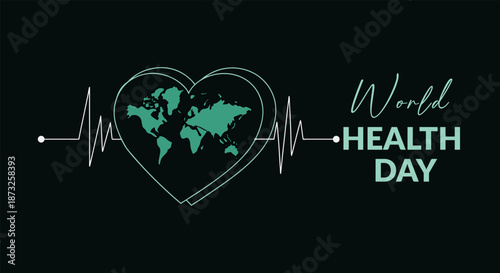 Global health day concept with world map inside a heart and heartbeat line on dark background