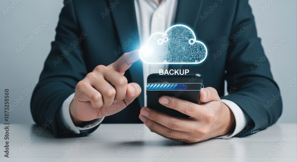 Obraz premium Cloud Backup Solution: Business Man Synchronizing Data on Smartphone for Secure File Storage and Recovery