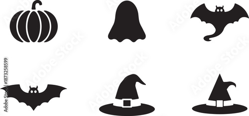 Halloween Icons Silhouette Collection Pumpkin Ghost Bat and Witch Hat on White Background Keywords: halloween, pumpkin, ghost, bat, witch hat, spooky, october, holiday, celebration, scary, costume
