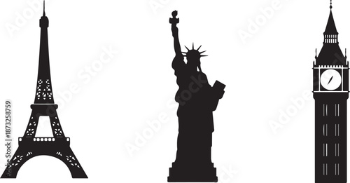Iconic global landmarks silhouettes including Eiffel Tower Statue of Liberty and Big Ben on a white background Keywords: Eiffel Tower Statue of Liberty Big Ben landmark silhouette Paris France New
