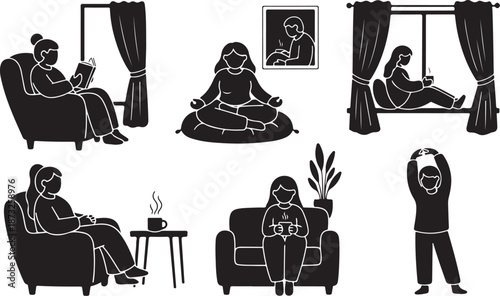 Silhouette of woman in various relaxing home settings daily