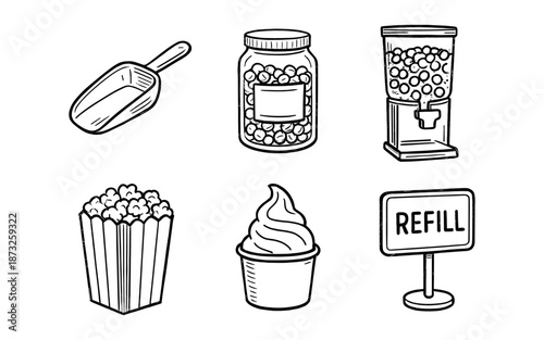 Hand-drawn icons of snacks and serving items for a concession stand