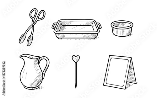 Collection of hand-drawn kitchen and serving utensils in a simple sketch style