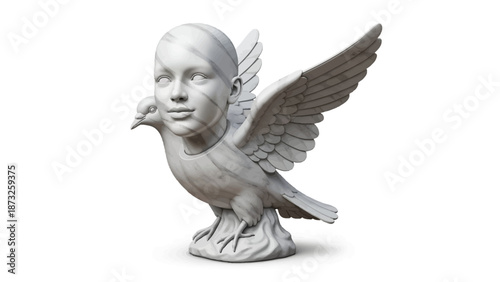 A marble sculpture of a woman's head emerging from the body of a bird with wings outstretched.