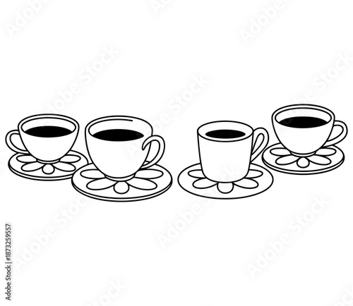 A charming arrangement of four freshly brewed coffee cups with decorative saucers