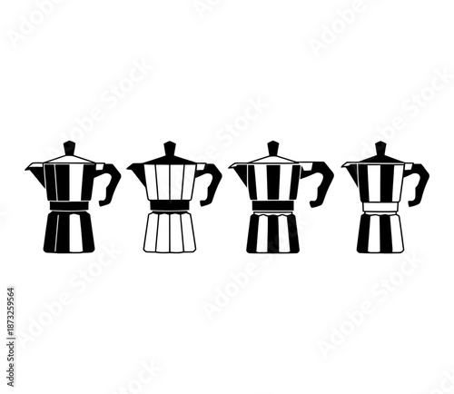 A collection of four classic moka pot coffee maker silhouettes for traditional brewing