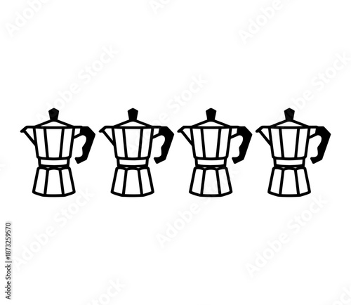 Four classic italian moka pots lined up, ready to brew delicious espresso coffee