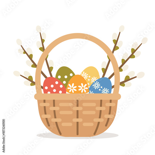 Colorful Easter Basket with Decorated Eggs and Pussy Willows