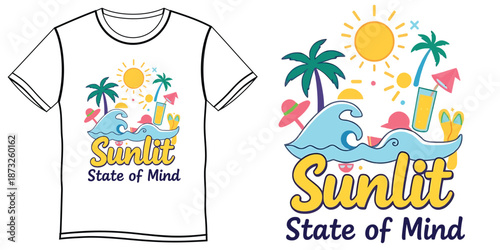 Vector illustration of a tropical summer sale poster and party flyer design featuring beach palms and sea elements for fashion apparel and cotton t-shirt clothing