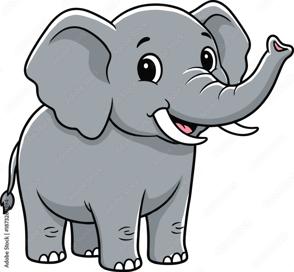 Obraz premium Cartoon gray elephant with big ears, smiling face, raised trunk, white tusks, cute animal character for kids and education