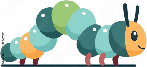 A vibrant and cheerful cartoon caterpillar illustration, featuring a segmented body in bright colors like green, blue, and orange, crawling happily for children's learning and playful designs