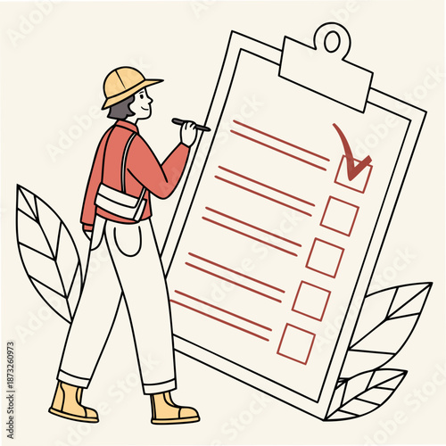 Cartoon worker filling out checklist on clipboard pencil