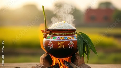 A traditional decorated Pongal clay pot with cooked rice, mango leaves, and turmeric plant steaming on a wood fire in a rural field during sunset for harvest celebration, makar sankranti and lohri