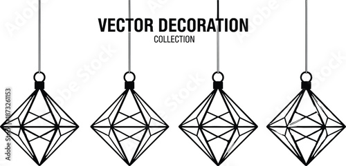Vector Decoration Collection Featuring Four Minimalist Geometric Hanging Ornaments with Diamond and Polyhedral Shapes in Black Line Art for Modern Holiday Decor and Interior Design Graphics