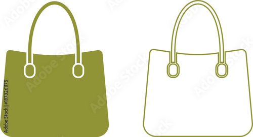 Women handbag icons set collection with purse bag tote clutch shoulder styles in flat and line design, fashion accessory outline illustration group for shopping retail UI branding