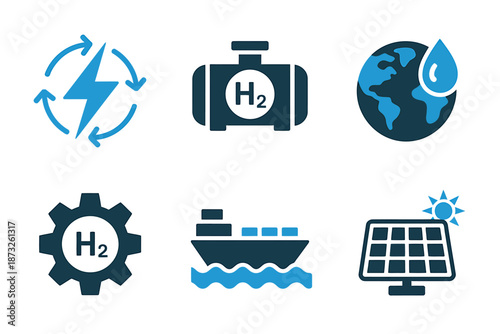 Icons representing renewable energy and hydrogen technology solutions