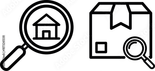 Magnifying glass examining house and package icon