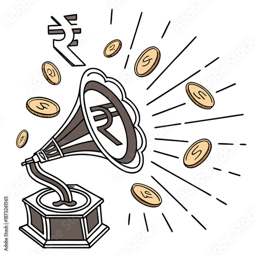 Indian rupee symbol emerging from gramophone with coins