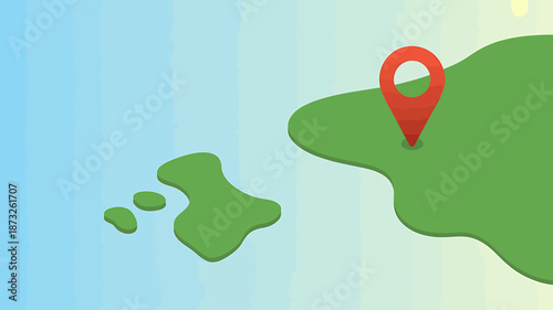 Abstract Green Islands with Red Location Marker on Blue Sky