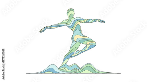 Abstract representation of a human figure in motion, composed of flowing, colorful wavy lines.