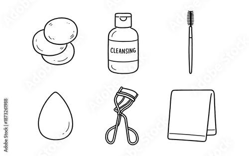 Hand-drawn icons of beauty and skincare essentials for a daily routine