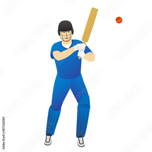 Batsman playing cricket cartoon character isolated on white background. 
