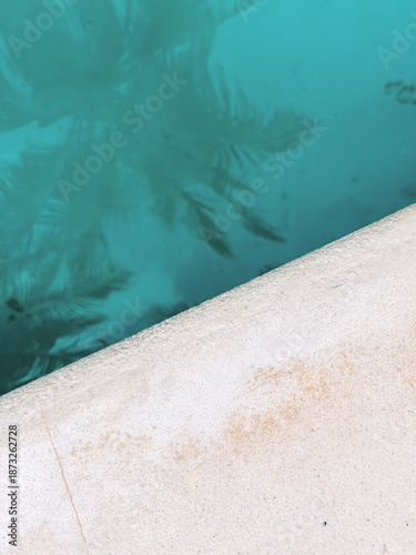 Minimalist composition of a pool edge with soft turquoise water and blurred palm reflections in Tulum, Mexico.