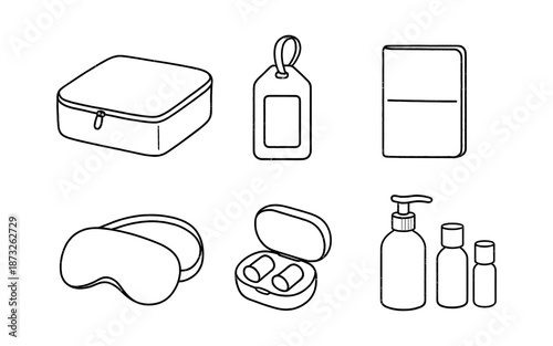 Collection of travel accessories and toiletries in a simple line art style