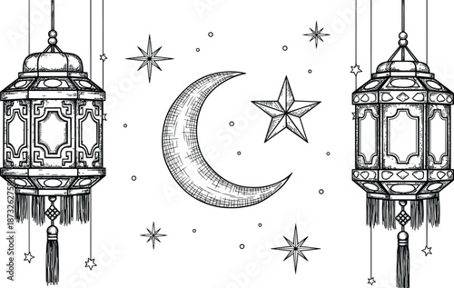 Intricate Hand Drawn Islamic Decoration Featuring Two Detailed Lanterns with Tassels and a Crescent Moon Surrounded by Stars for Ramadan Kareem and Eid Mubarak Religious Vector Art