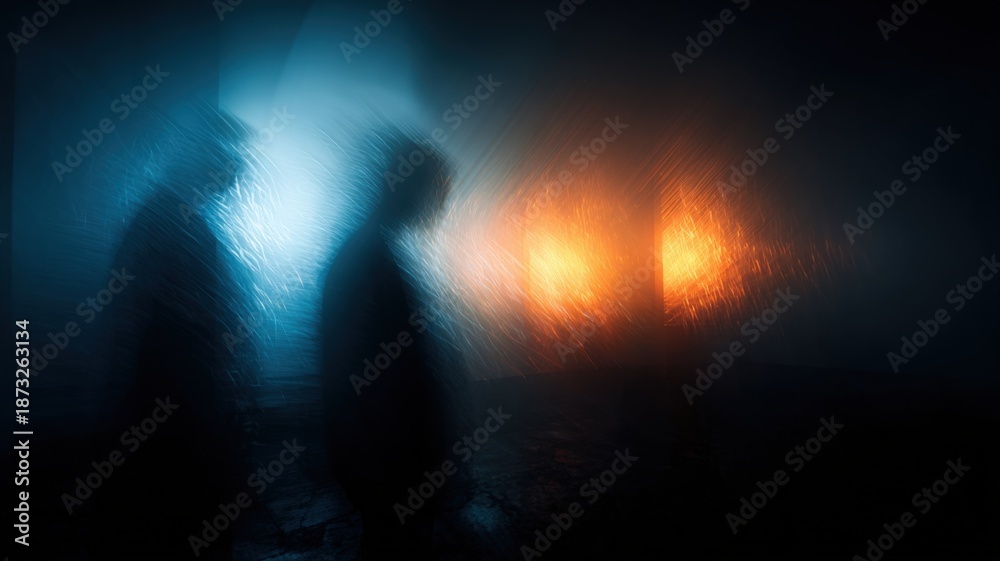Obraz premium Abstract Figures in a Blurred Scene with Blue and Orange Lights Evoking Mystery