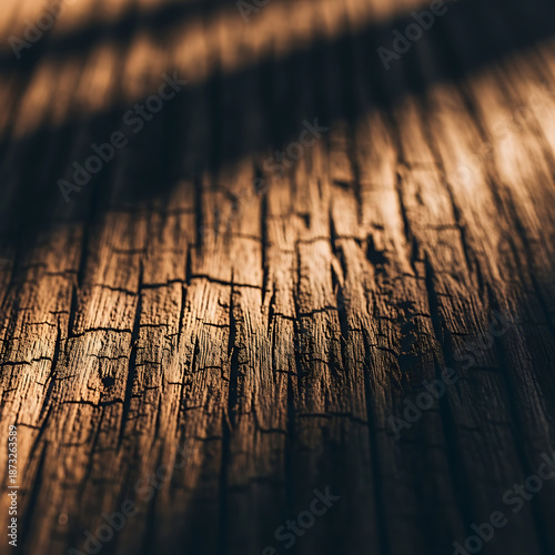 Close-up view of weathered and cracked wood texture with dramatic lighting casting shadows