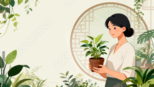 Woman holding potted plant in garden