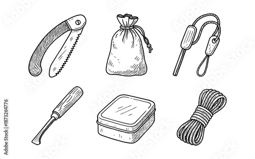 Hand-drawn survival gear collection including a saw, bag, fire starter, and rope
