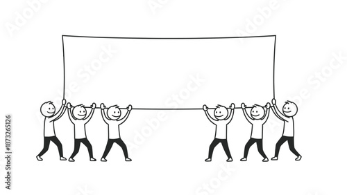 Group of stick figures holding a large blank banner together.