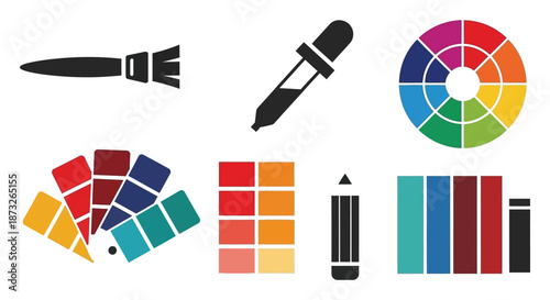 Art tools and vibrant color palettes displayed in a striking black silhouette