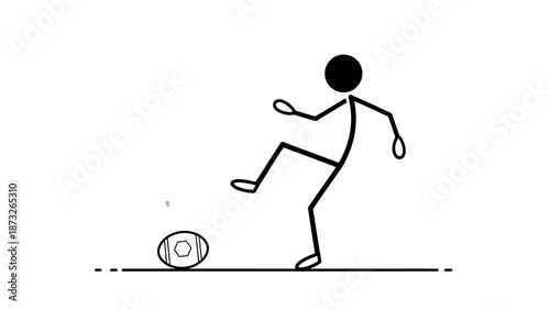 Simple stick figure kicking a soccer ball illustration.