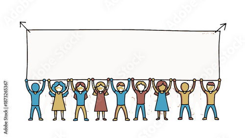 A group of diverse cartoon people holding a large blank banner together, symbolizing unity and message.