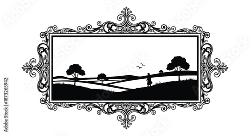 an ornate frame holds a picturesque landscape scene rendered in a striking black silhouette
