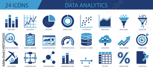 Data analytics icons set for business and technology. data, analytics, grow, chart, business