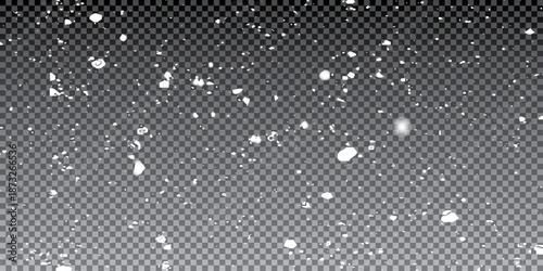 Falling snowflakes in transparent beauty, delicate and small, isolated on a clear background. Vector illustration of intense snowfall, snowflakes.