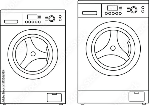 Front-loading washing machines, laundry appliances, modern washer design, household equipment, detergent drawer, control panel, drum interior, technical illustration
