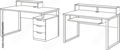 Isometric office desk illustration, modern workstation design, drawer and keyboard tray options, cable hole, metal frame, furniture blueprint concept