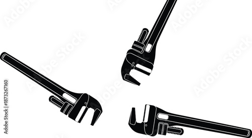 Pipe wrench illustration, plumbing tool graphic, adjustable jaw design, mechanical teeth detail, industrial equipment icon, vector style, blue outline art