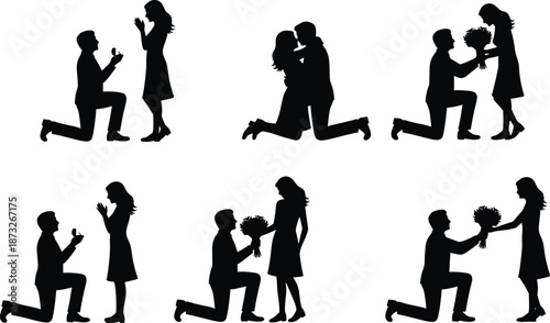 Romantic couple silhouette, marriage proposal, kneeling man, engagement ring, flower bouquet, love gesture, kissing pose, black illustration, vector art
