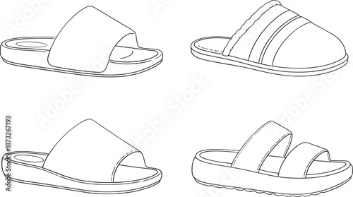 Slide sandals illustration, footwear design, minimalist sandals, fashion sketch, summer shoes, outline drawing, casual wear, trendy slides, vector art, product concept