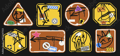 Stop sign vector illustration design set. Warning stop sign sticker design pack. Urban vector streetwear design bundle. Scribbles