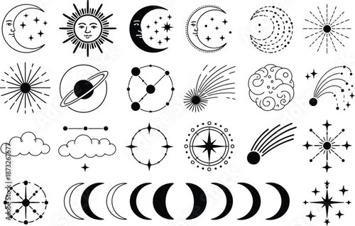 Hand drawn astrology moon phase and celestial icon set isolated on white background, mystical vector illustration