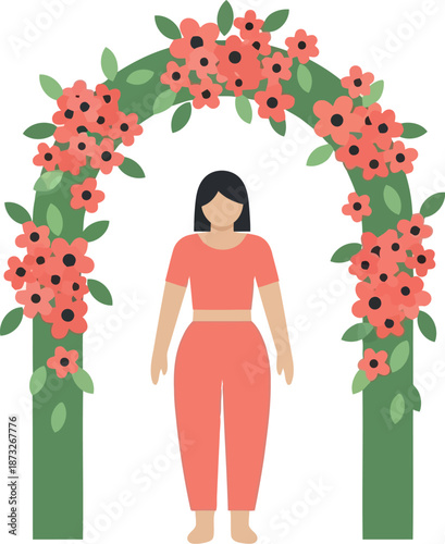 Women's Day Celebration Illustration with Woman Standing Under Floral Arch, Empowerment Concept