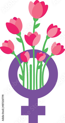 Women's Day Symbol with Pink Flowers, Feminine Empowerment Floral Vector Illustration