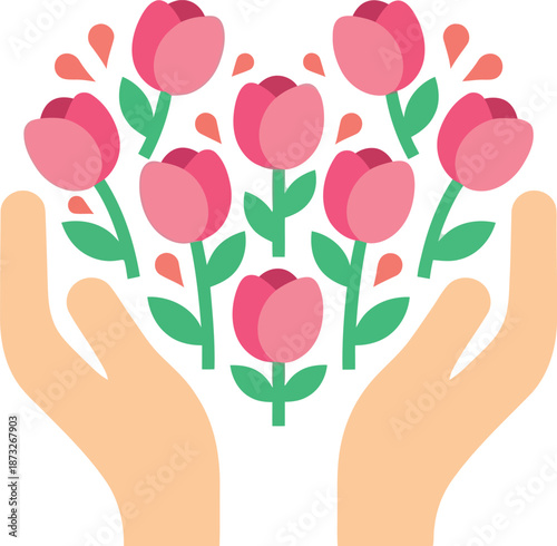 Women's Day Celebration Hands Holding Pink Flowers Vector Illustration for Empowerment and Appreciation